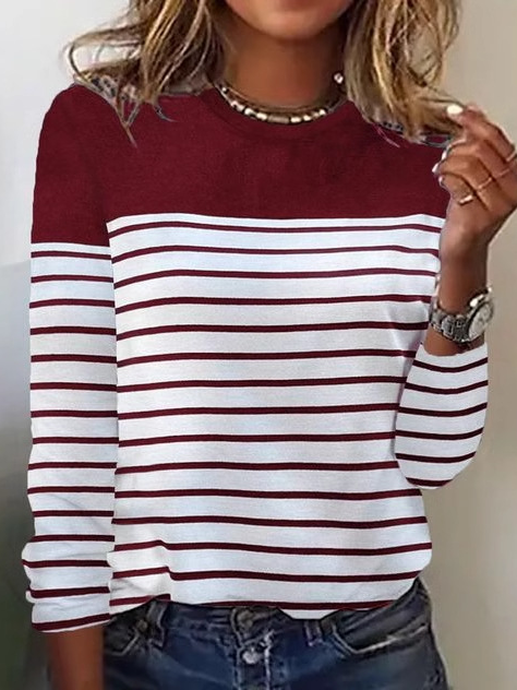 Casual Long Sleeve Crew Neck Ethnic Striped Floral Loose Regular T-Shirt