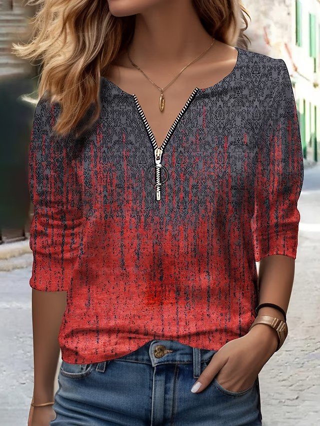 Casual Long Sleeve V Neck Gradient Pattern Loose Regular Blouse