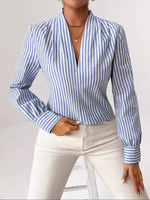 Casual Long Sleeve V Neck Striped Loose Regular Blouse