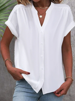 Casual Short Sleeve Stand Collar Plain Loose Regular Shirt