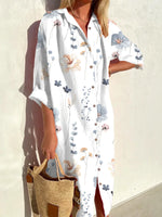 Casual Three Quarter Sleeve Shirt Collar Floral Loose Midi Dress