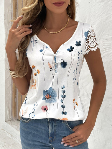 Casual Short Sleeve V Neck Floral Printing Loose Regular Blouse