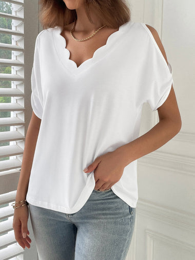 Casual Short Sleeve V Neck Plain Loose Regular Blouse