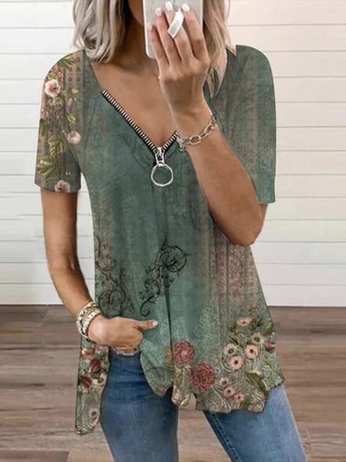 Loose Short Sleeve V Neck Floral Zipper Casual Regular Blouse