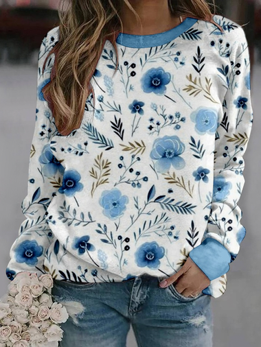 Casual Long Sleeve Crew Neck Floral Loose Regular Sweatshirt