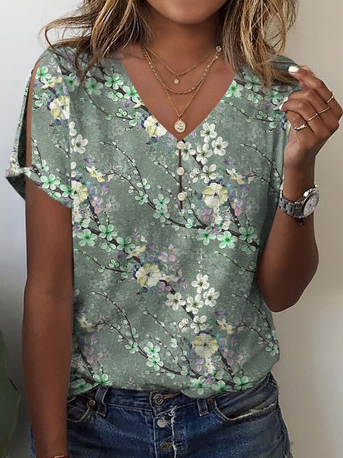 Casual Short Sleeve V Neck Floral Loose Mid-Long Blouse