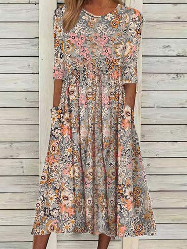 Casual Short Sleeve Crew Neck Floral Pattern Midi Dress