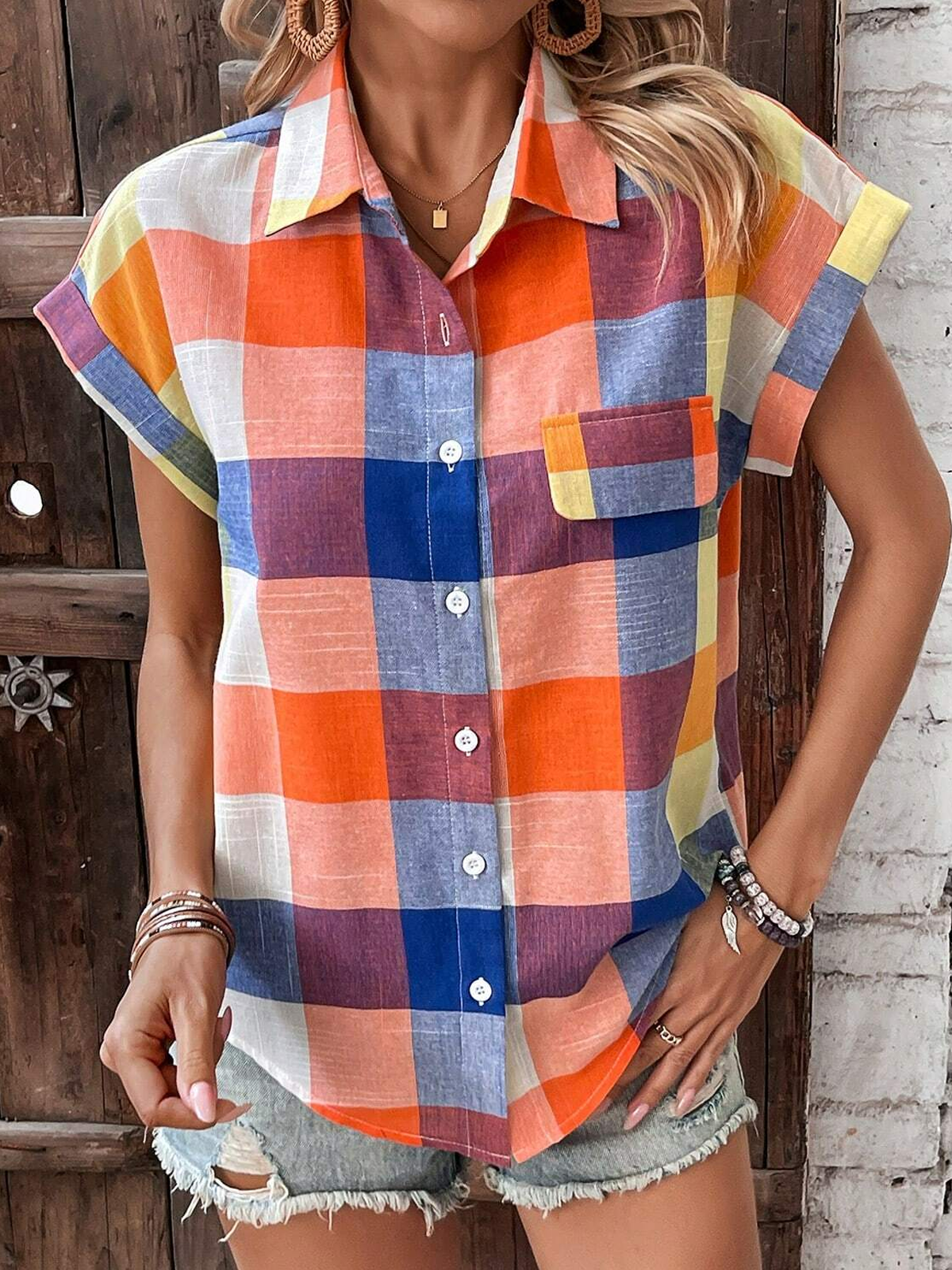 Casual Short Sleeve Shirt Collar Plaid Loose Regular Shirt