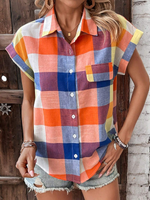 Casual Short Sleeve Shirt Collar Plaid Loose Regular Shirt