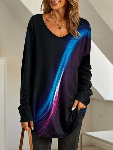 Loose Long Sleeve V Neck Abstract Casual Mid-Long T-Shirt