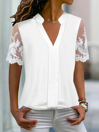 Casual Short Sleeve V Neck Plain Loose Regular Blouse