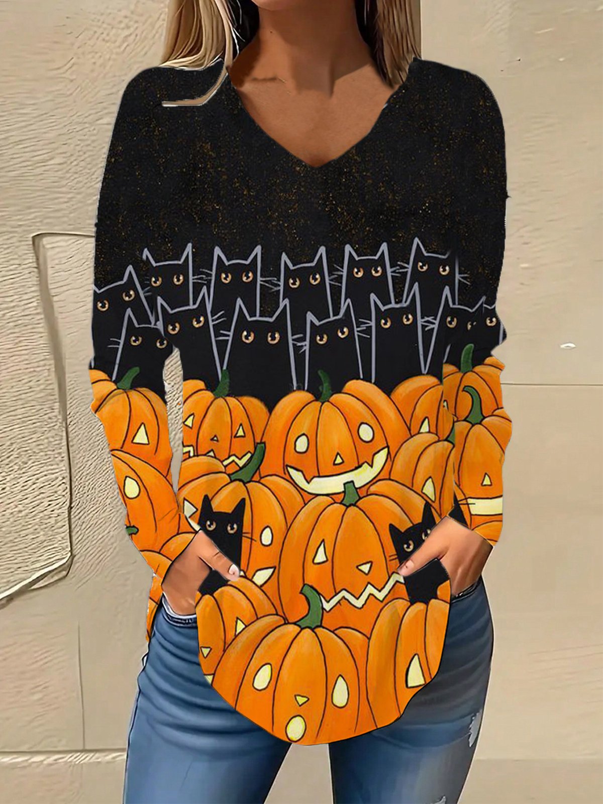 Casual Long Sleeve V Neck Halloween Loose Regular Blouse