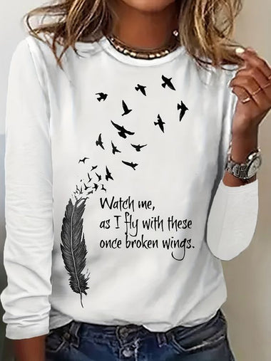 Casual Long Sleeve Crew Neck Text Letters Loose Regular T-Shirt