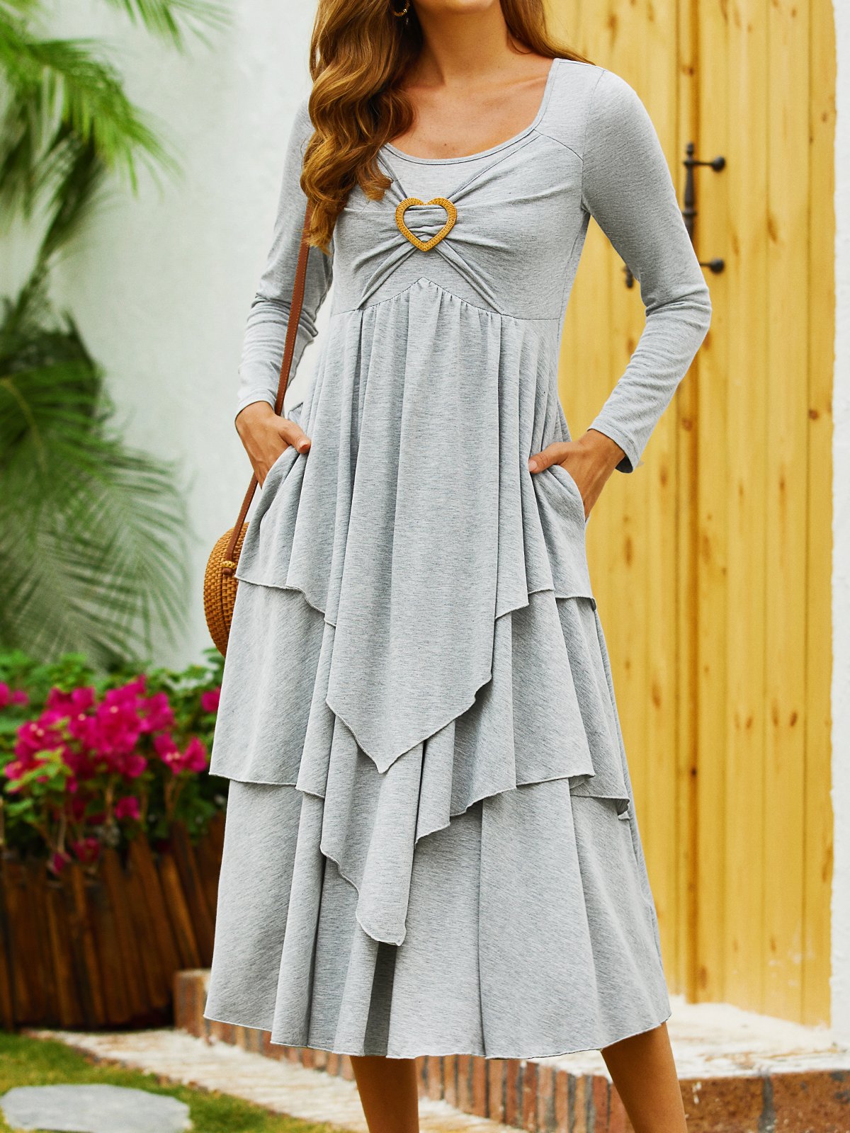 Casual Long Sleeve Crew Neck Plain Loose Midi Dress