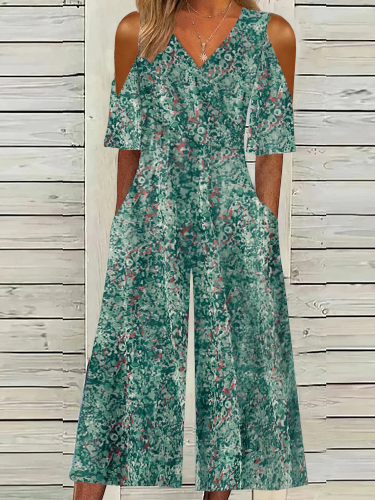 Loose V Neck Short Sleeve Small Floral Vacation Long Jumpsuit