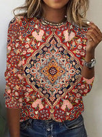 Vintage Long Sleeve Crew Neck Ethnic Loose Regular Blouse