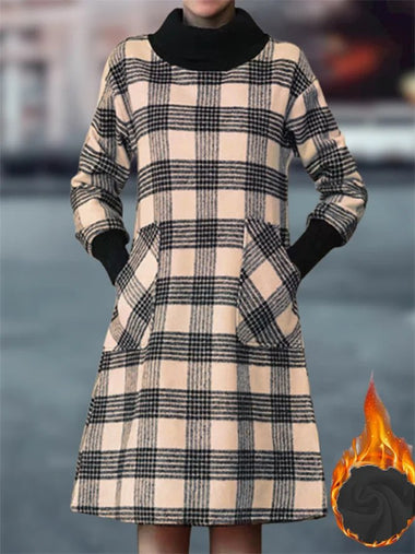 Casual Long Sleeve Turtleneck Plaid Loose Midi Dress