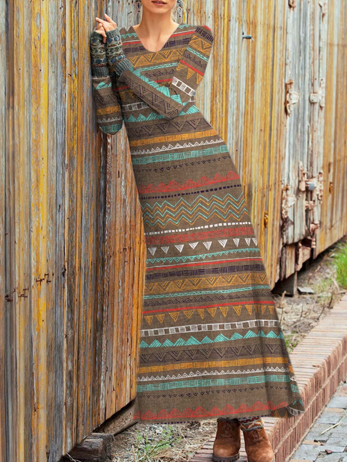 Plus Size Casual Long Sleeve V Neck Ethnic Maxi Dress