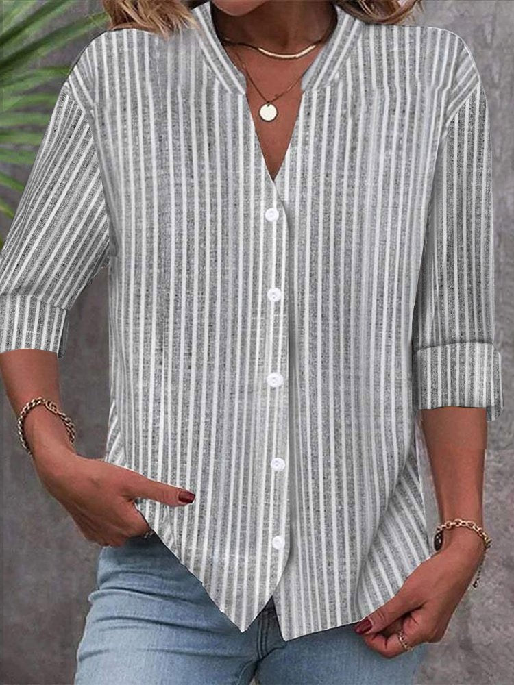 Casual Long Sleeve Stand Collar Striped Loose Mid-Long Blouse