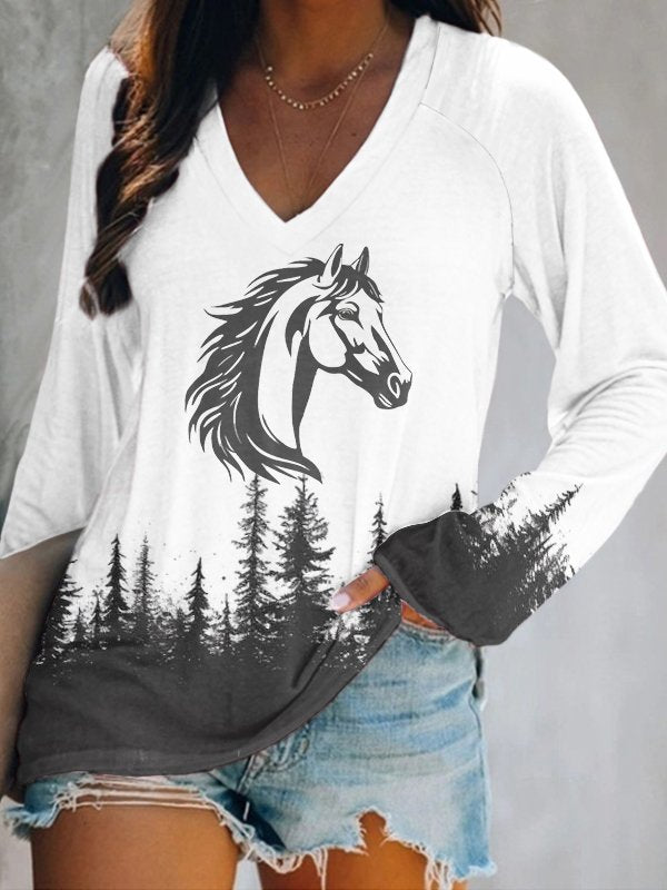 Vintage Long Sleeve V Neck Animal Regular T-Shirt