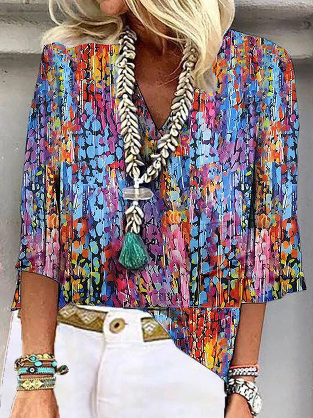 Casual Half Sleeve V Neck Random Print Loose Regular Blouse