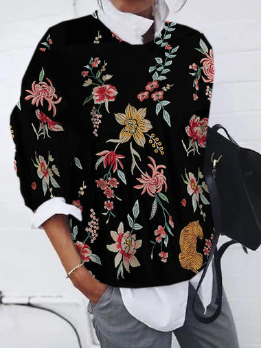 Loose Long Sleeve Crew Neck Floral Zipper Casual Regular Sweatshirt