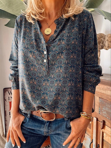 Loose Long Sleeve V Neck Floral Vintage Regular Shirt