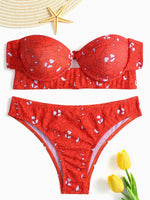 Wholesale Red Strapless Off The Shoulder Floral Print Bodycon Bikinis Set