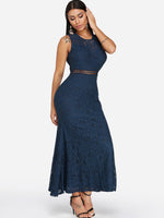 Wholesale Navy Round Neck Sleeveless Lace Hollow Pleated Ruffle Hem Sexy Dress