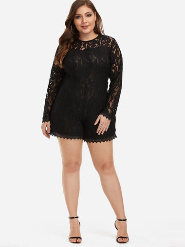 Wholesale Round Neck Plain Lace Long Sleeve Black Plus Size Bottoms