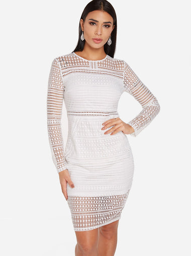 Wholesale White Crew Neck Long Sleeve Plain Lace Zip Back See Through Slit Hem Sexy Dress