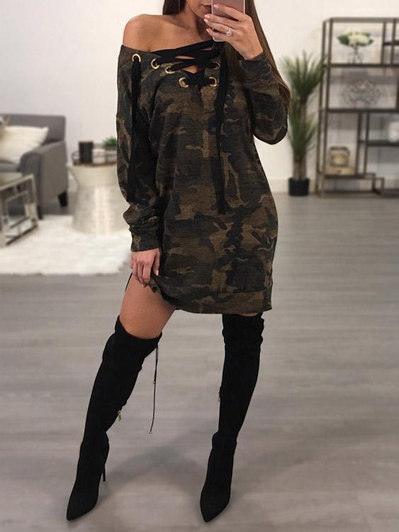 Wholesale Camo V-Neck One Shoulder Long Sleeve Camouflage Lace-Up Slit Sexy Dresses