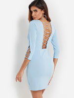 Wholesale Sky Blue Round Neck 3/4 Sleeve Length Plain Backless Lace-Up Sexy Dress