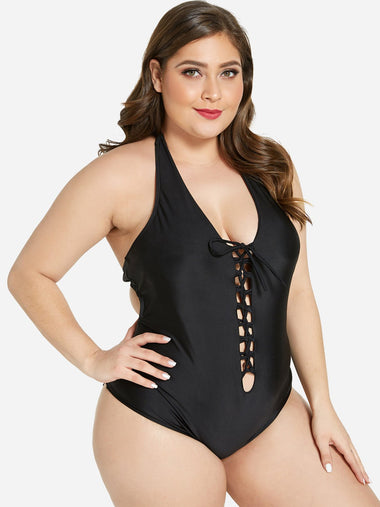 Wholesale Halter Self-Tie Sleeveless Black Plus Size Swimwear