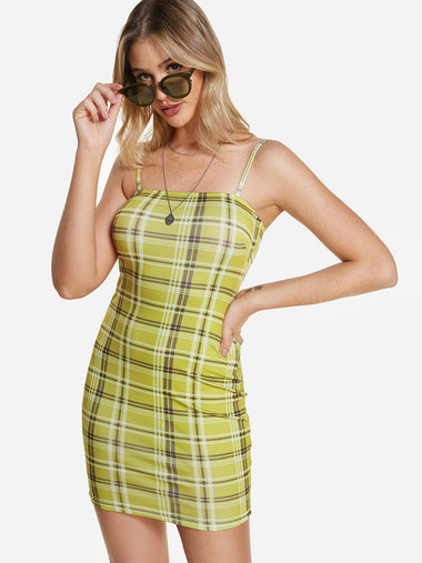 Wholesale Green Grid Spaghetti Strap Bodycon Hem Dresses