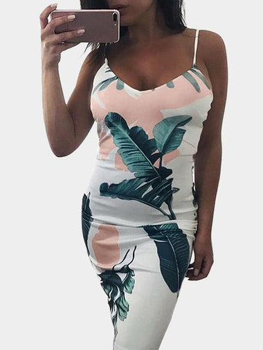 Wholesale White V-Neck Sleeveless Printed Backless Dress