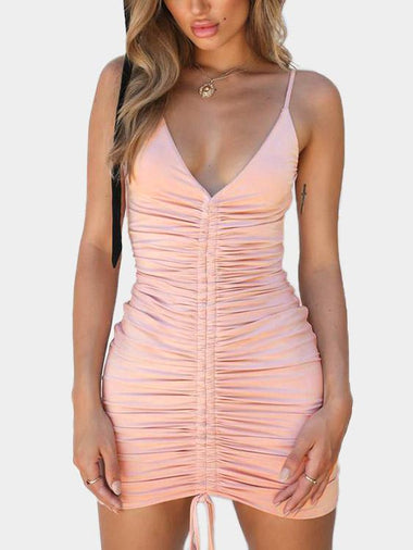 Wholesale Pink Deep V Neck Sleeveless Backless Lace-Up Bodycon Sexy Dresses