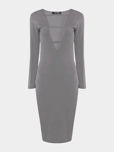 Wholesale V-Neck Plain Hollow Long Sleeve Grey Sexy Dresses