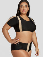 Wholesale Round Neck Short Sleeve Black Plus Size Swimwear