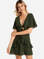 Wholesale Deep V Neck Short Sleeve Plain Lace-Up Green Sexy Dresses