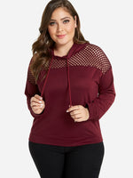 Wholesale Plain Hooded Hollow Long Sleeve Burgundy Plus Size Tops