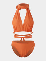 Wholesale Orange Deep V Neck Sleeveless Plain Crossed Front Backless Lace-Up Partially Lined Two Piece Bikinis