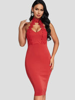 Wholesale Red Halter Sleeveless Plain Lace Cut Out Dresses