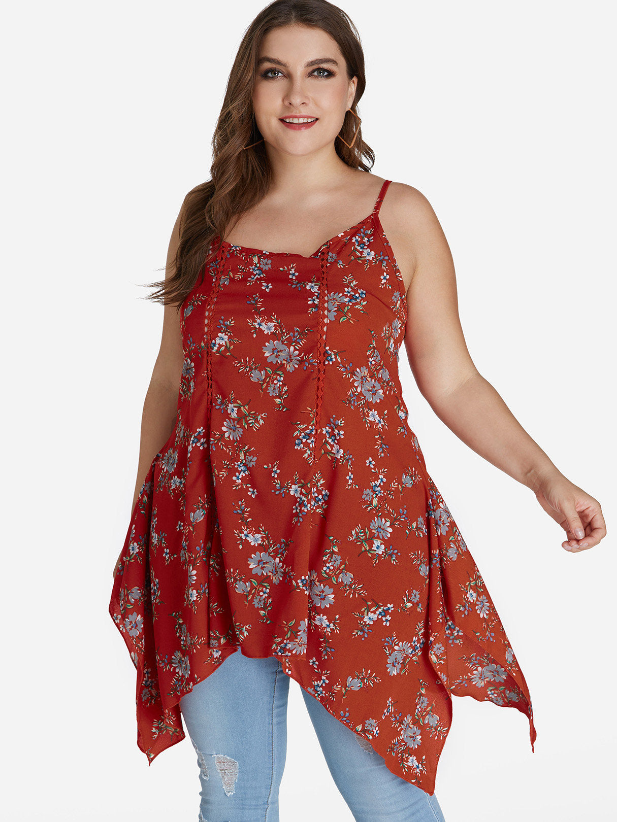 Wholesale Round Neck Floral Print Calico Hollow Sleeveless Red Plus Size Tops