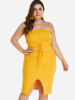 Wholesale Strapless Plain Self-Tie Sleeveless Yellow Plus Size Dress