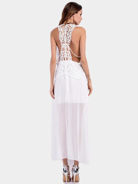 Wholesale White Scoop Neck Sleeveless Lace Backless See Through Slit Hem Sexy Dresses