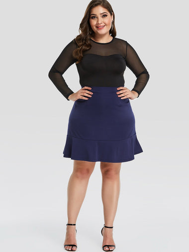 Wholesale Plain Flounced Hem Blue Plus Size Bottoms