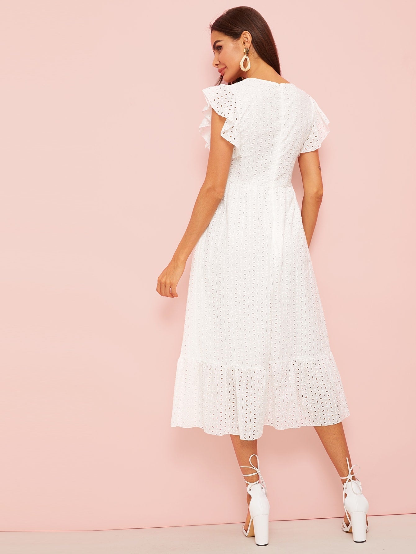 Eyelet Embroidered Ruffle Hem Midi Dress