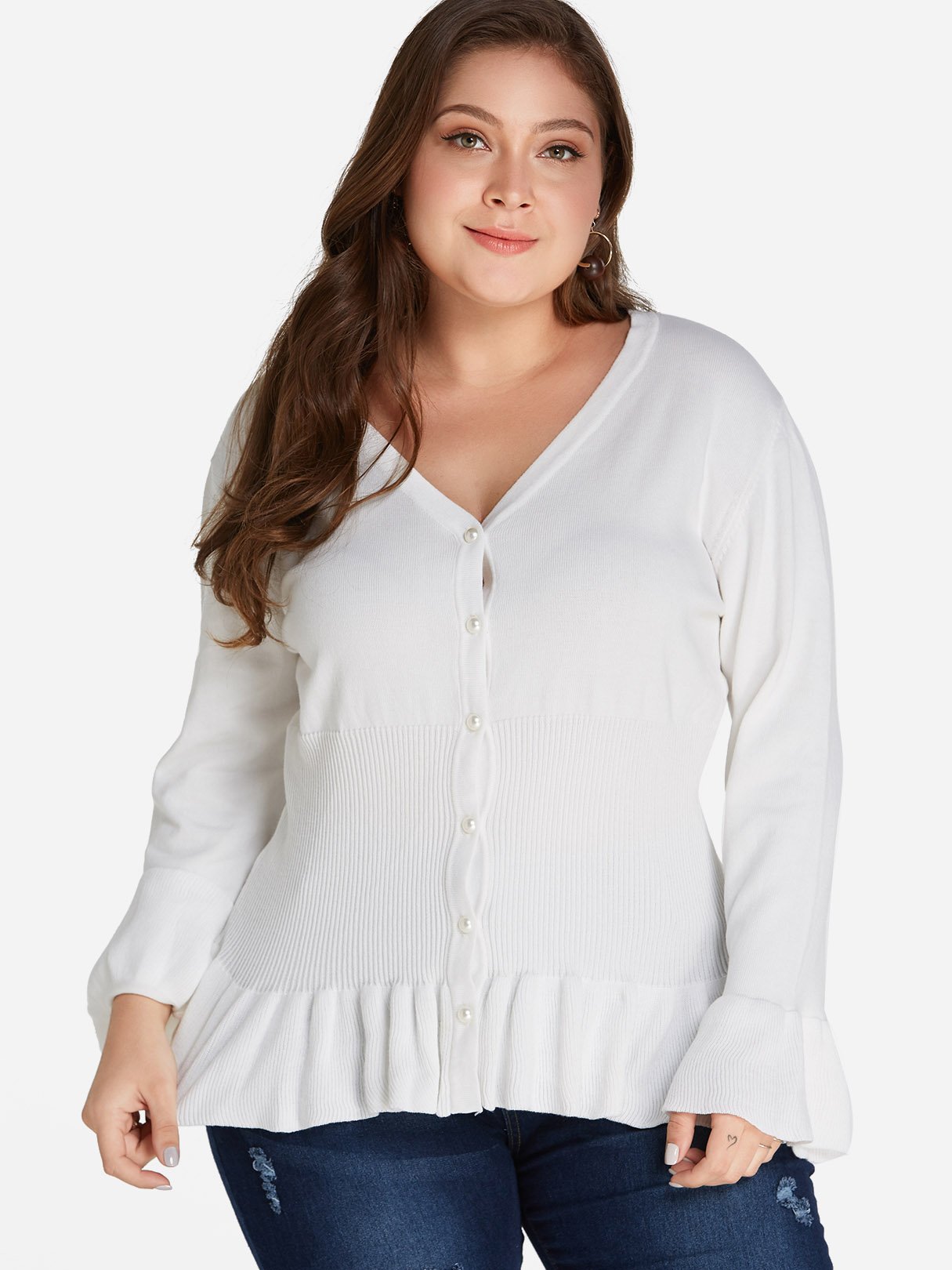 Wholesale V-Neck Plain Ruffle Trim Long Sleeve Flounced Hem Plus Size Tops