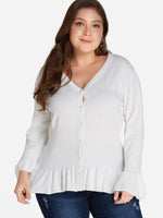 Wholesale V-Neck Plain Ruffle Trim Long Sleeve Flounced Hem Plus Size Tops